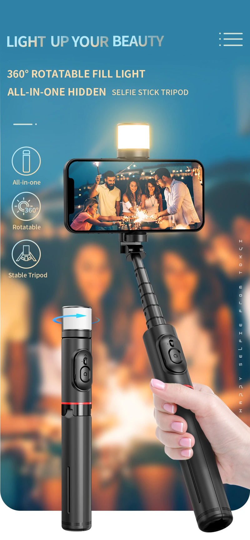 Tripé Selfie Stick com Luz LED e Bluetooth - Suporte Celular Portátil