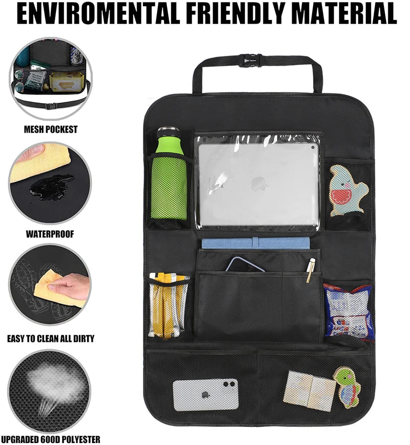 Porta Objetos -Organizador de banco traseiro de carro com suporte de mesa, 9 bolsos de armazenamento, protetores de encosto, tapetes de chute para crianças, acessórios de viagem