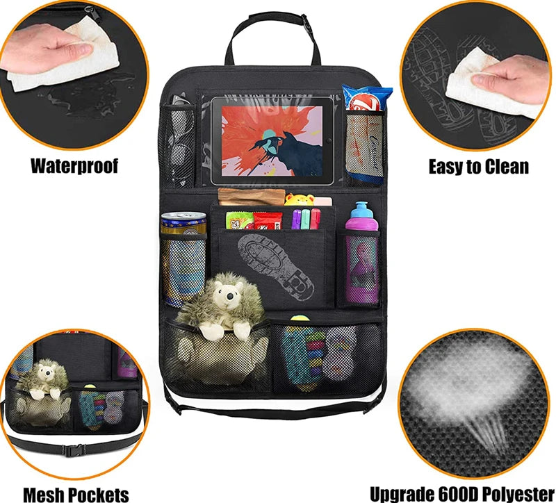 Porta Objetos -Organizador de banco traseiro de carro com suporte de mesa, 9 bolsos de armazenamento, protetores de encosto, tapetes de chute para crianças, acessórios de viagem