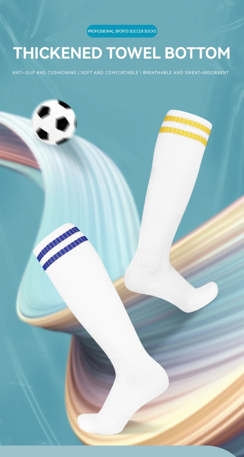 Thickened Anti-Slip Professional Soccer Football Socks for Men Long Sleeve Kids Over Knee Student Striped Sports