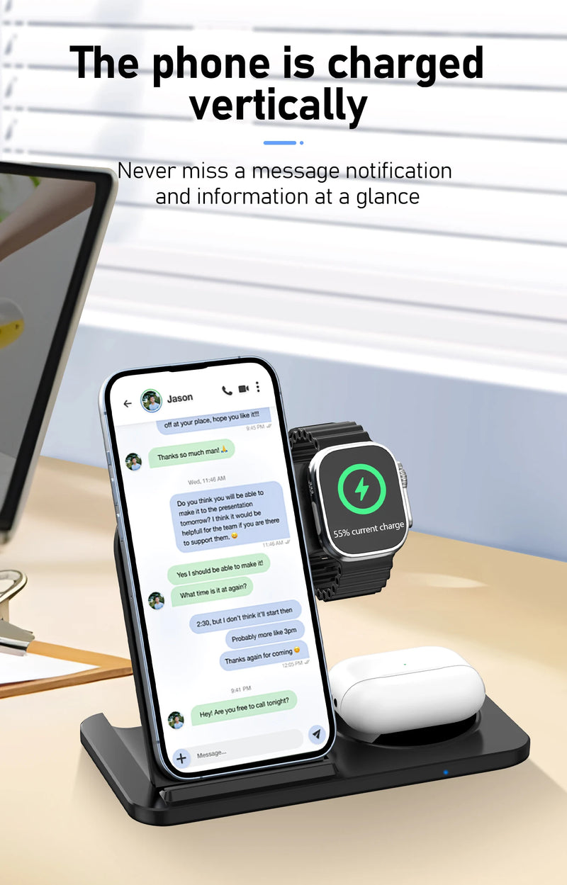 Carregador 3 em 1 Wireless portátil, dobrável para celulares, fone de iouvido e smartwatch - muito útil