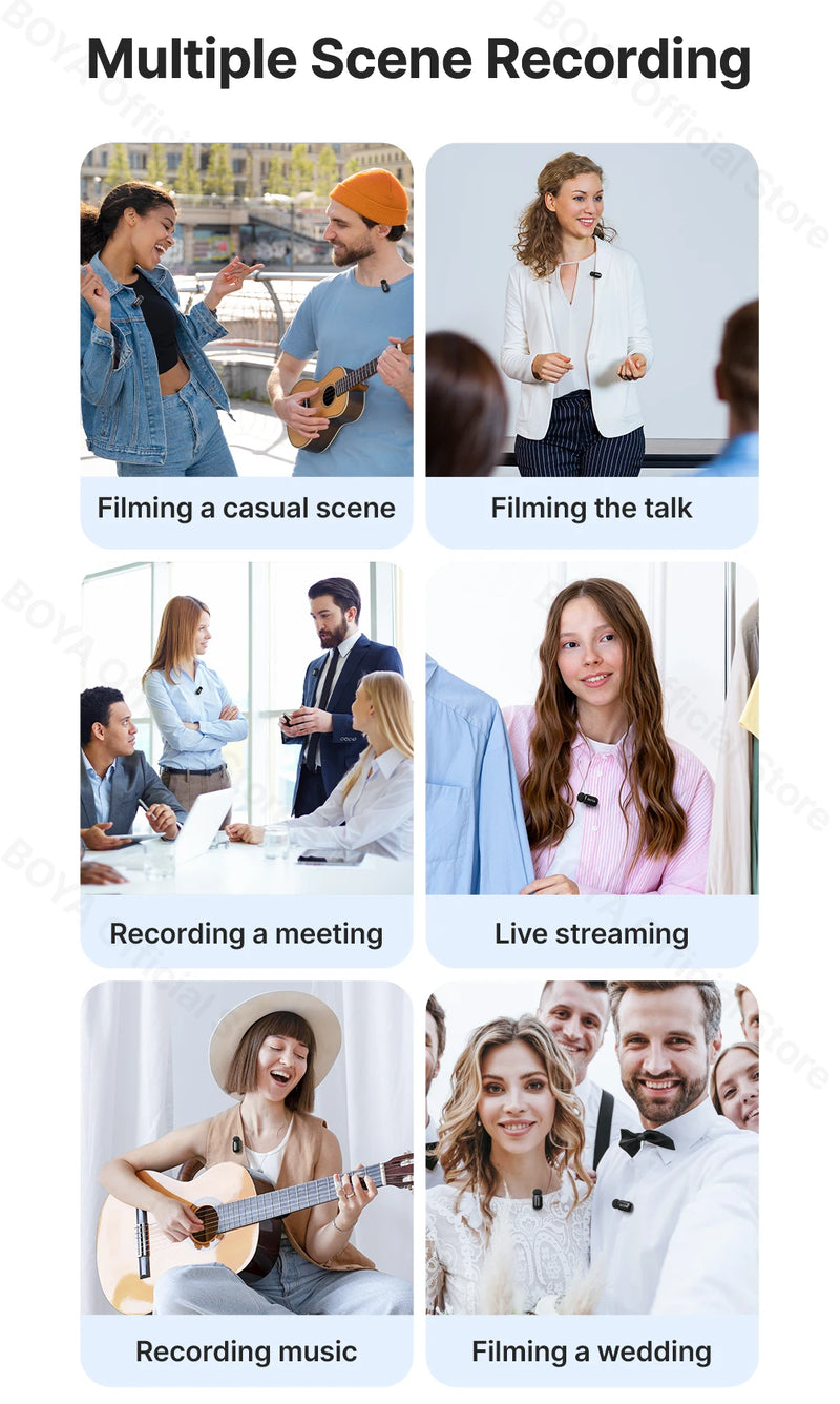 Mini Microfone de lapela sem fio BOYA com cancelamento de ruído para iPhone iPhone15-16 iPad Android Tipo C Smartphone, Câmera, YouTube Jogo Áudio ao vivo Gravação de vídeo Entrevista Vlog Transmissão sem fio 100m