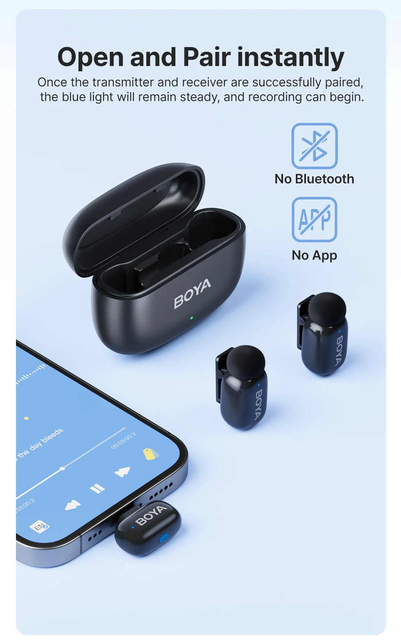 Microfone Boya iPhone 15/16 iPad Android - Sem Fio Profissional