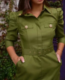 Vestido midi elegante com decote redondo e manga comprida, corte slim, comprimento médio da panturrilha, para mulheres