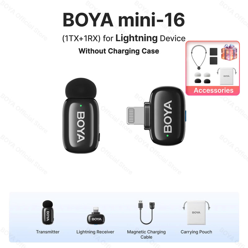 Mini Microfone de lapela sem fio BOYA com cancelamento de ruído para iPhone iPhone15-16 iPad Android Tipo C Smartphone, Câmera, YouTube Jogo Áudio ao vivo Gravação de vídeo Entrevista Vlog Transmissão sem fio 100m
