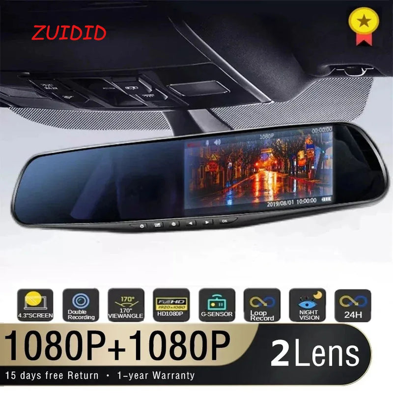 Zuidid gravador de condução carro dvr espelho retrovisor lente dupla gravador carro 1080p ips câmera dianteira e traseira registrador caixa preta novo