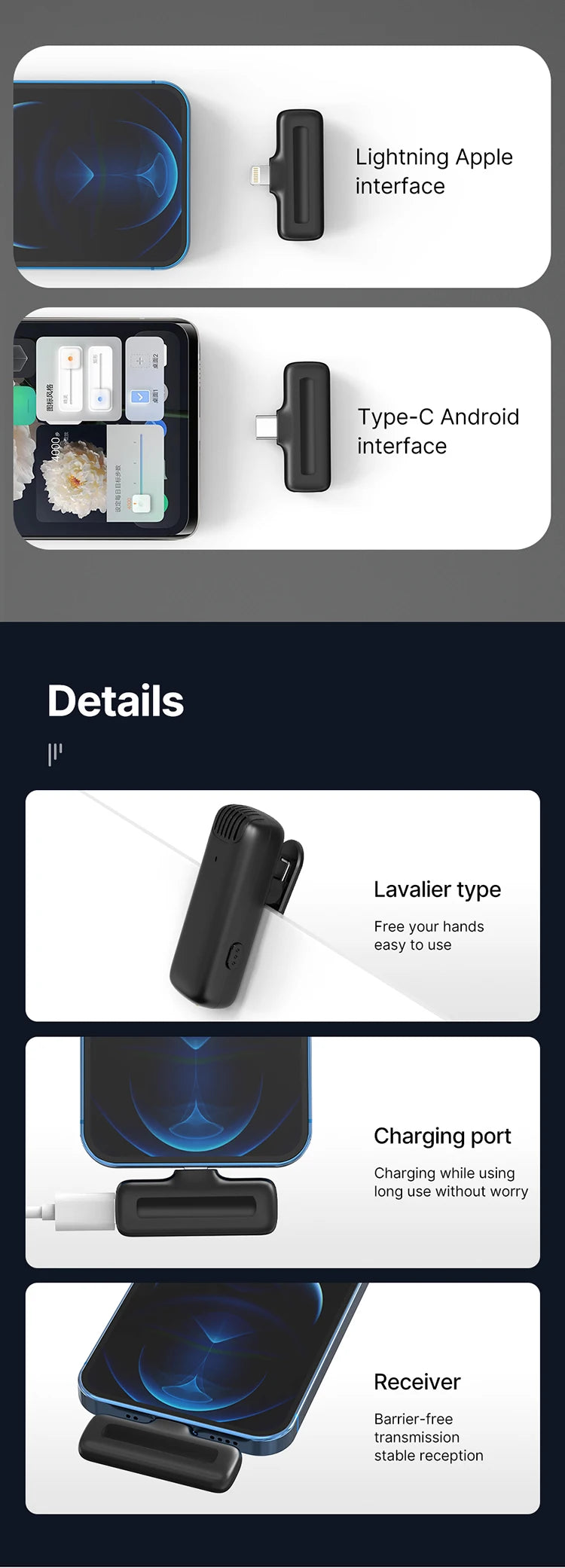Ulanzi J12 Microfone de lapela sem fio Gravação de áudio e vídeo Mini microfone Plug Play para smartphone Android iPhone Transmissão ao vivo