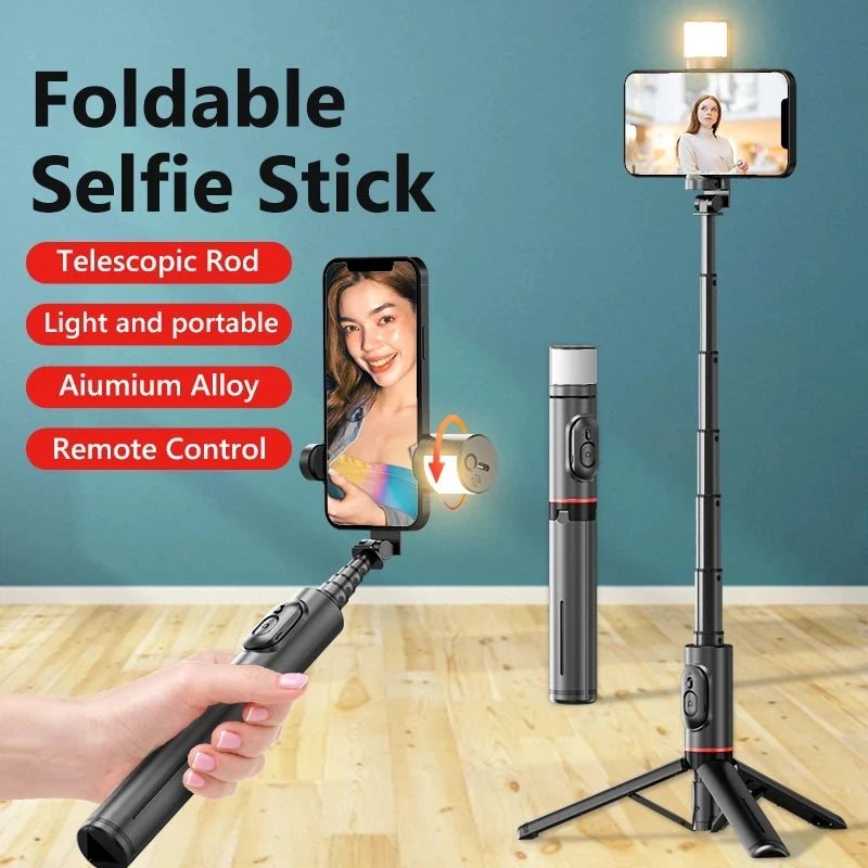 Tripé Selfie Stick com Luz LED e Bluetooth - Suporte Celular Portátil