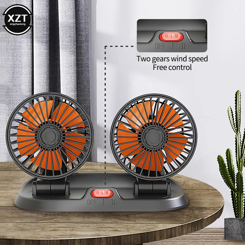 Mini Ventilador portátil de cabeça dupla para carro ou mesa 12V 24V, rotação de 360 graus, ventilador de refrigeração de ar automático, 2 velocidades ajustáveis para painel, caminhão...