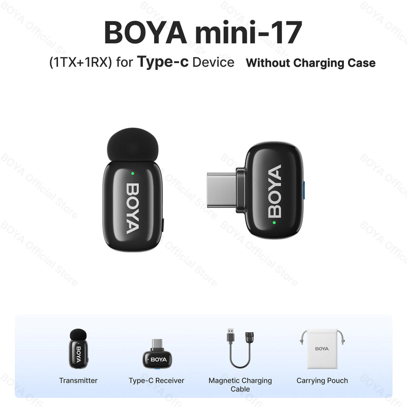 Mini Microfone de lapela sem fio BOYA com cancelamento de ruído para iPhone iPhone15-16 iPad Android Tipo C Smartphone, Câmera, YouTube Jogo Áudio ao vivo Gravação de vídeo Entrevista Vlog Transmissão sem fio 100m