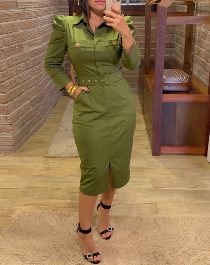 Vestido Midi Feminino Elegante - Manga Longa Gola Virada