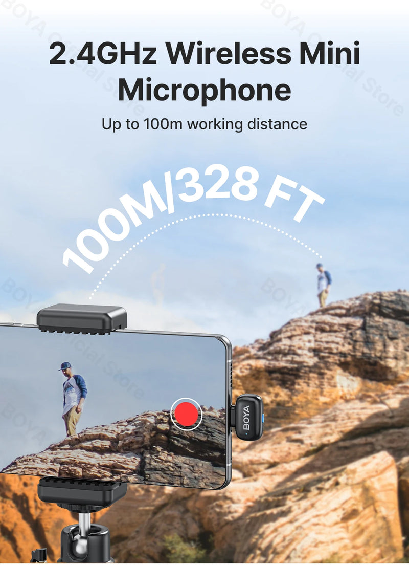 Mini Microfone de lapela sem fio BOYA com cancelamento de ruído para iPhone iPhone15-16 iPad Android Tipo C Smartphone, Câmera, YouTube Jogo Áudio ao vivo Gravação de vídeo Entrevista Vlog Transmissão sem fio 100m