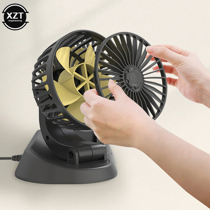 Mini Ventilador portátil de cabeça dupla para carro ou mesa 12V 24V, rotação de 360 graus, ventilador de refrigeração de ar automático, 2 velocidades ajustáveis para painel, caminhão...