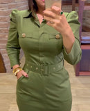 Vestido midi elegante com decote redondo e manga comprida, corte slim, comprimento médio da panturrilha, para mulheres