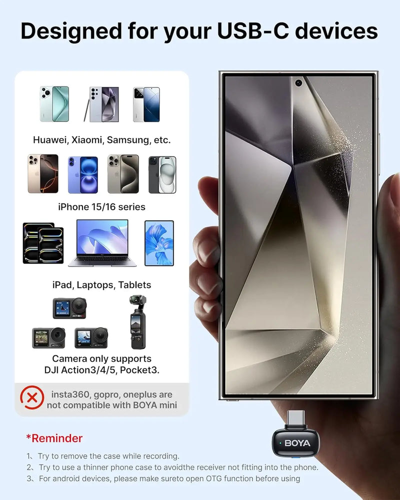 Mini Microfone de lapela sem fio BOYA com cancelamento de ruído para iPhone iPhone15-16 iPad Android Tipo C Smartphone, Câmera, YouTube Jogo Áudio ao vivo Gravação de vídeo Entrevista Vlog Transmissão sem fio 100m