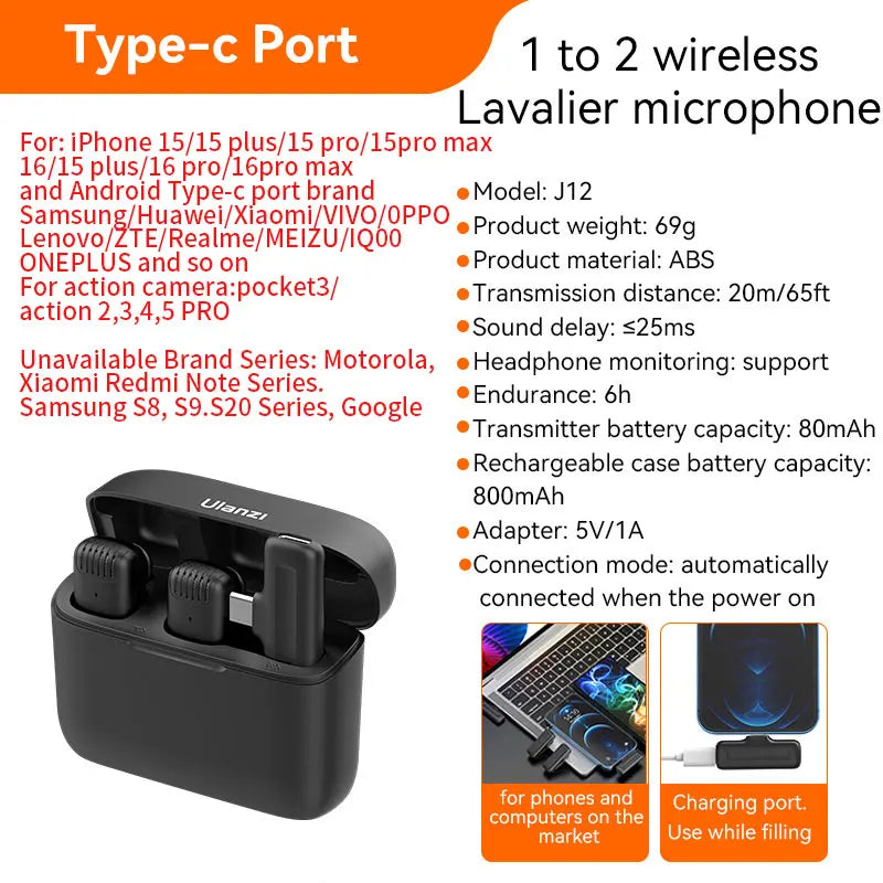 Ulanzi J12 Microfone de lapela sem fio Gravação de áudio e vídeo Mini microfone Plug Play para smartphone Android iPhone Transmissão ao vivo