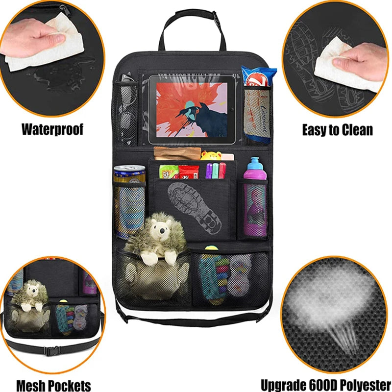 Porta Objetos -Organizador de banco traseiro de carro com suporte de mesa, 9 bolsos de armazenamento, protetores de encosto, tapetes de chute para crianças, acessórios de viagem