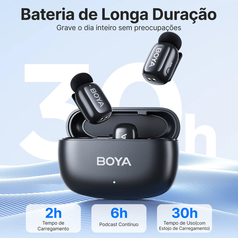Mini Microfone de lapela sem fio BOYA com cancelamento de ruído para iPhone iPhone15-16 iPad Android Tipo C Smartphone, Câmera, YouTube Jogo Áudio ao vivo Gravação de vídeo Entrevista Vlog Transmissão sem fio 100m