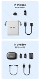 Mini Microfone de lapela sem fio BOYA com cancelamento de ruído para iPhone iPhone15-16 iPad Android Tipo C Smartphone, Câmera, YouTube Jogo Áudio ao vivo Gravação de vídeo Entrevista Vlog Transmissão sem fio 100m