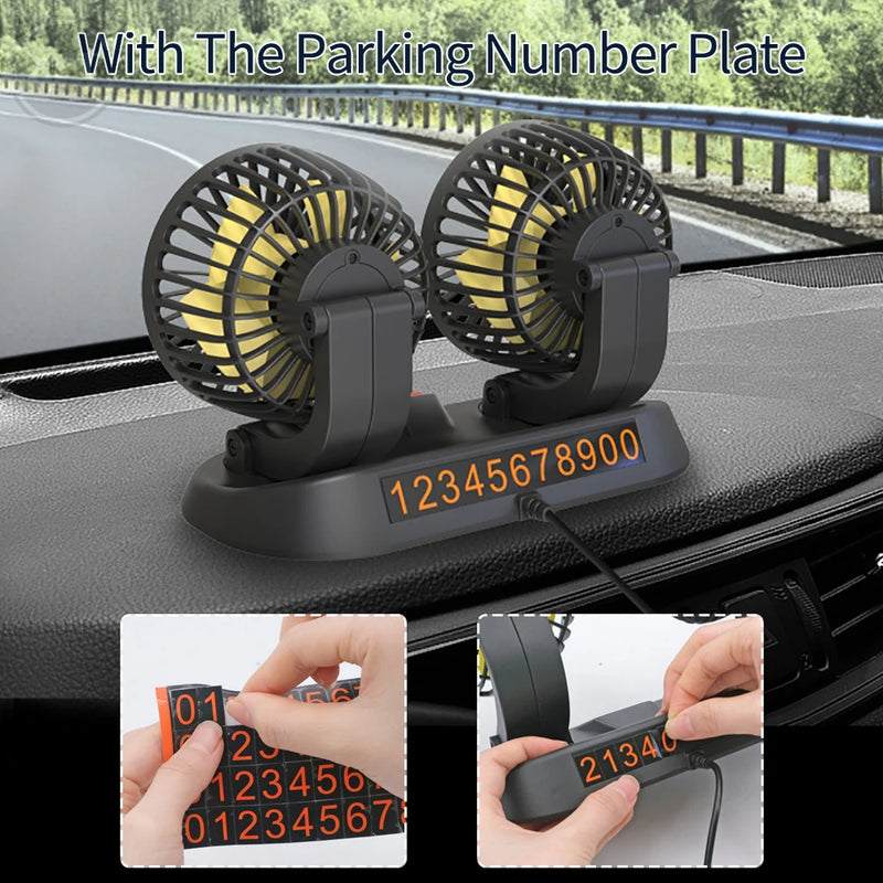 Mini Ventilador portátil de cabeça dupla para carro ou mesa 12V 24V, rotação de 360 graus, ventilador de refrigeração de ar automático, 2 velocidades ajustáveis para painel, caminhão...
