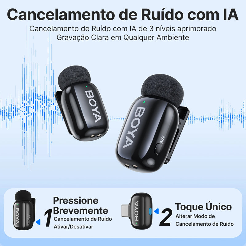 Mini Microfone de lapela sem fio BOYA com cancelamento de ruído para iPhone iPhone15-16 iPad Android Tipo C Smartphone, Câmera, YouTube Jogo Áudio ao vivo Gravação de vídeo Entrevista Vlog Transmissão sem fio 100m