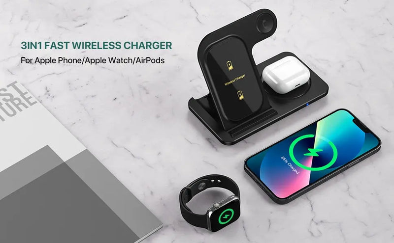 Carregador 3 em 1 Wireless portátil, dobrável para celulares, fone de iouvido e smartwatch - muito útil