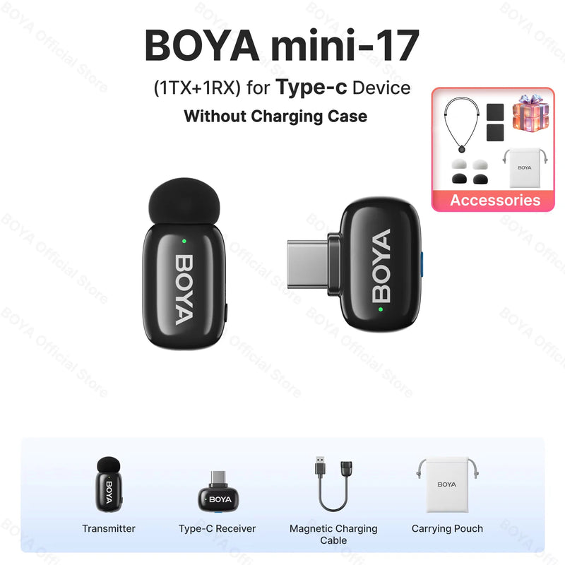 Mini Microfone de lapela sem fio BOYA com cancelamento de ruído para iPhone iPhone15-16 iPad Android Tipo C Smartphone, Câmera, YouTube Jogo Áudio ao vivo Gravação de vídeo Entrevista Vlog Transmissão sem fio 100m