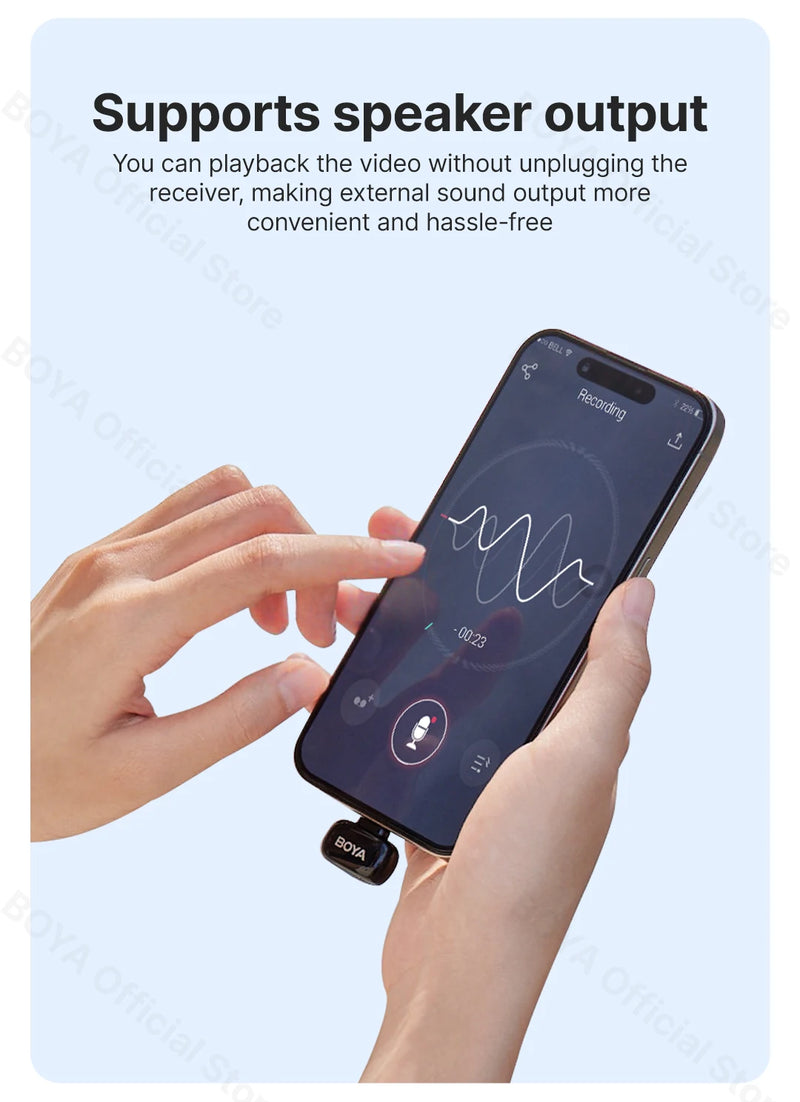Mini Microfone de lapela sem fio BOYA com cancelamento de ruído para iPhone iPhone15-16 iPad Android Tipo C Smartphone, Câmera, YouTube Jogo Áudio ao vivo Gravação de vídeo Entrevista Vlog Transmissão sem fio 100m
