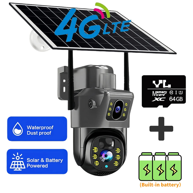 Nova Câmera 4K 8MP Wireless Solar Camera 4G Sim Dual Lens Wifi IP PIR HD Visão Noturna com qualidade - Camera V380Pro PTZ Security CCTV Monitor.