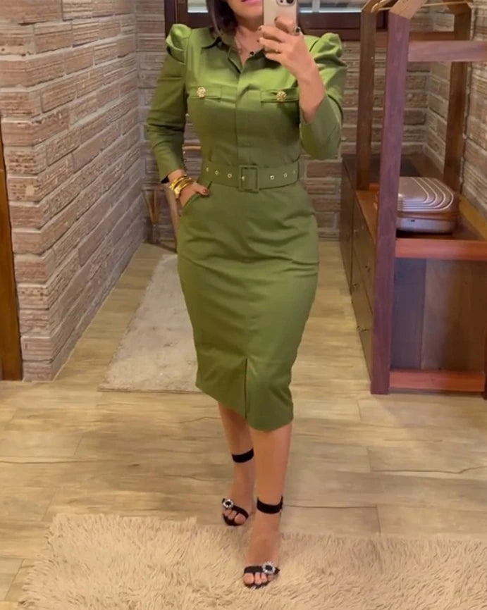 Vestido midi elegante com decote redondo e manga comprida, corte slim, comprimento médio da panturrilha, para mulheres