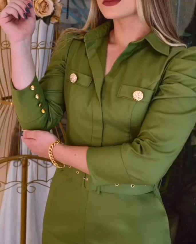 Vestido midi elegante com decote redondo e manga comprida, corte slim, comprimento médio da panturrilha, para mulheres