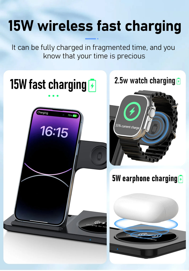 Carregador 3 em 1 Wireless portátil, dobrável para celulares, fone de iouvido e smartwatch - muito útil