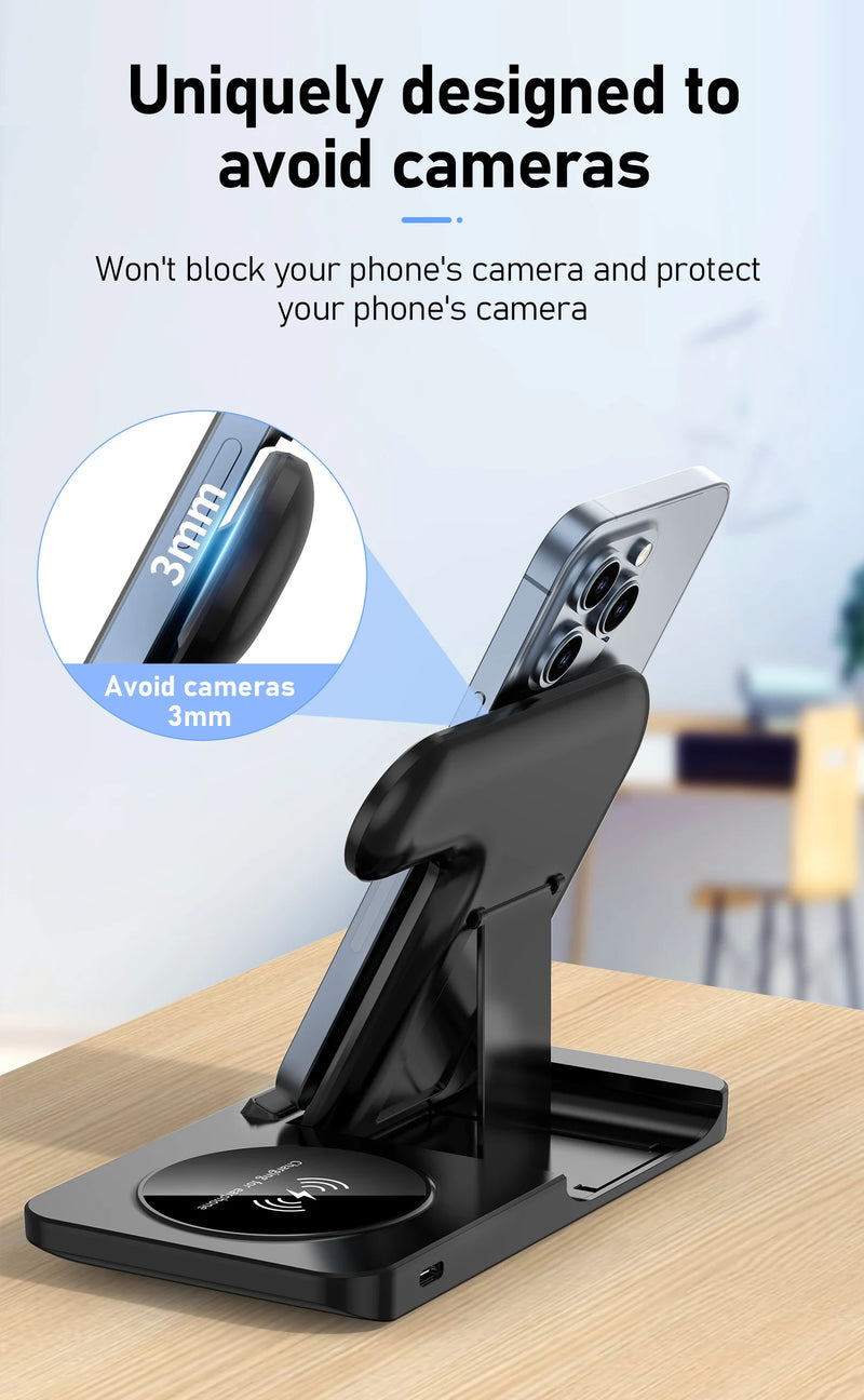 Carregador 3 em 1 Wireless portátil, dobrável para celulares, fone de iouvido e smartwatch - muito útil