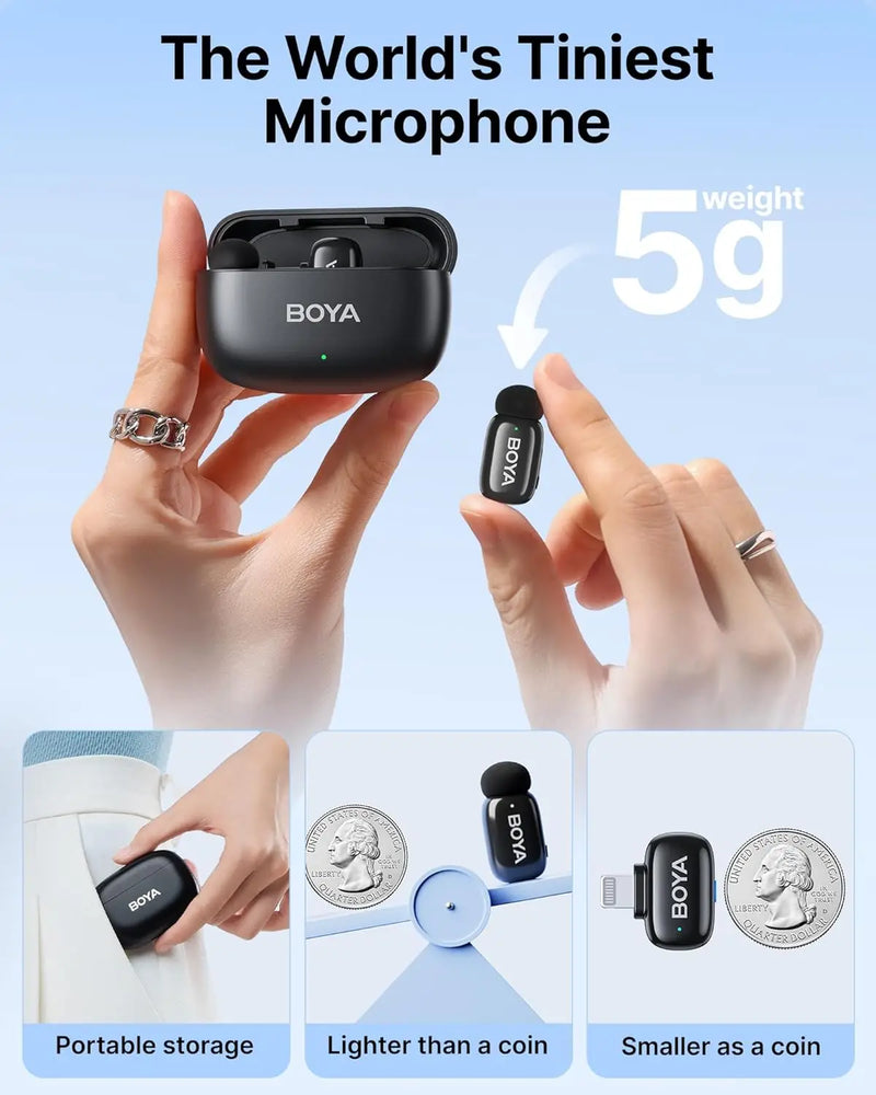 Mini Microfone de lapela sem fio BOYA com cancelamento de ruído para iPhone iPhone15-16 iPad Android Tipo C Smartphone, Câmera, YouTube Jogo Áudio ao vivo Gravação de vídeo Entrevista Vlog Transmissão sem fio 100m